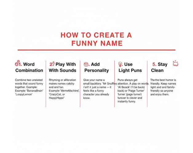 Alt Text: Infographic titled "How to Create a Funny Name" with a clean red-and-white flat design. It lists five key methods for creating funny names: Word Combination: Combine two unrelated words. Example: "BananaBrain." Play With Sounds: Use rhyming or alliteration for catchy names. Example: "MemeMachine." Add Personality: Give your name a small backstory to make it feel like a character. Example: "Mr Snuffles." Use Light Puns: Use a clever play on words. Example: "Al Beback." Stay Clean: Keep names light and family-friendly.