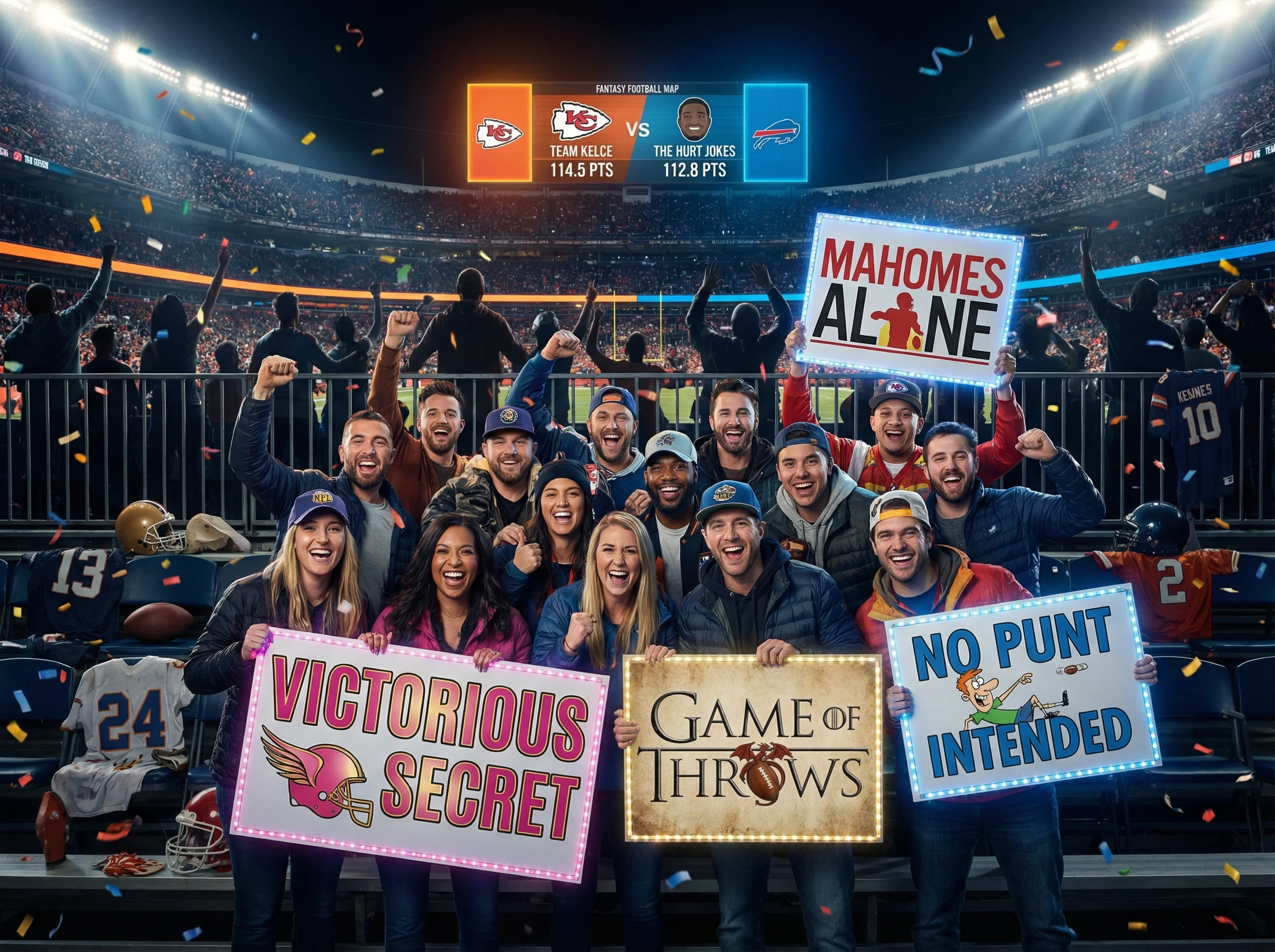 Funny fantasy football names fan favorites collection with NFL stadium and creative team banners